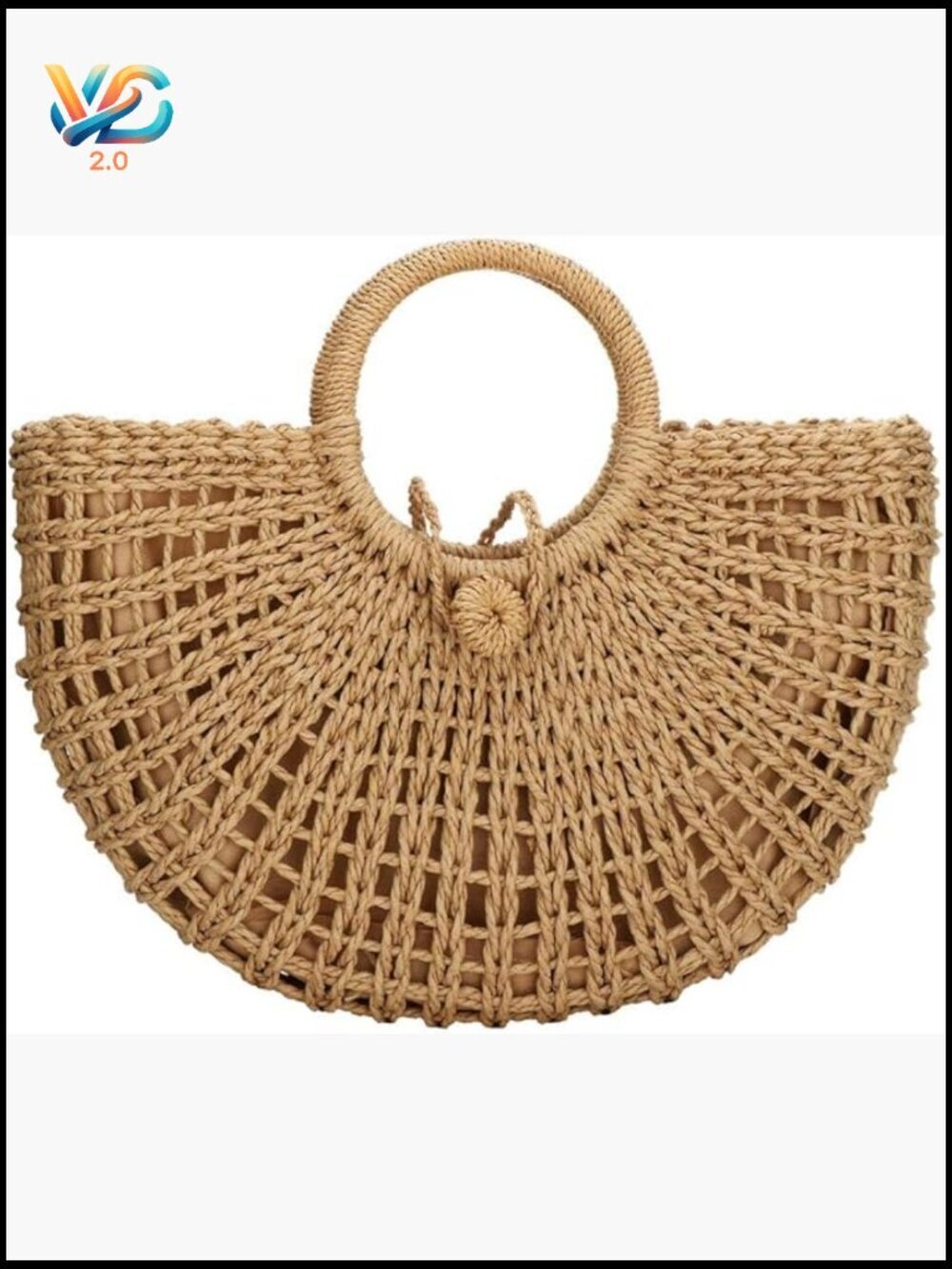 Handwoven Straw Tote Bag Round Ring Handle Summer Beach Rattan Handbag